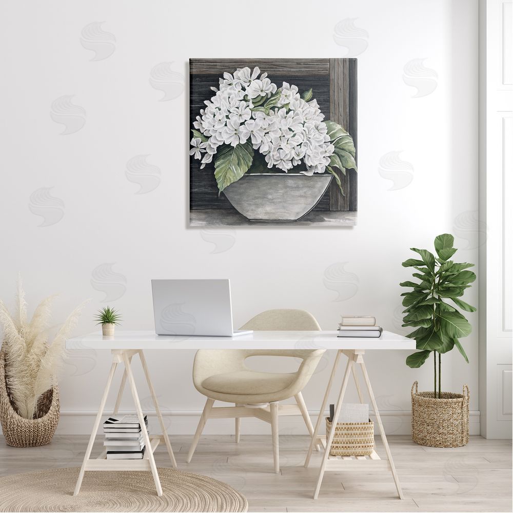 Cindy Jacobs White Geranium Flower Planter Rustic Country Scene Canvas Wall Art in Room