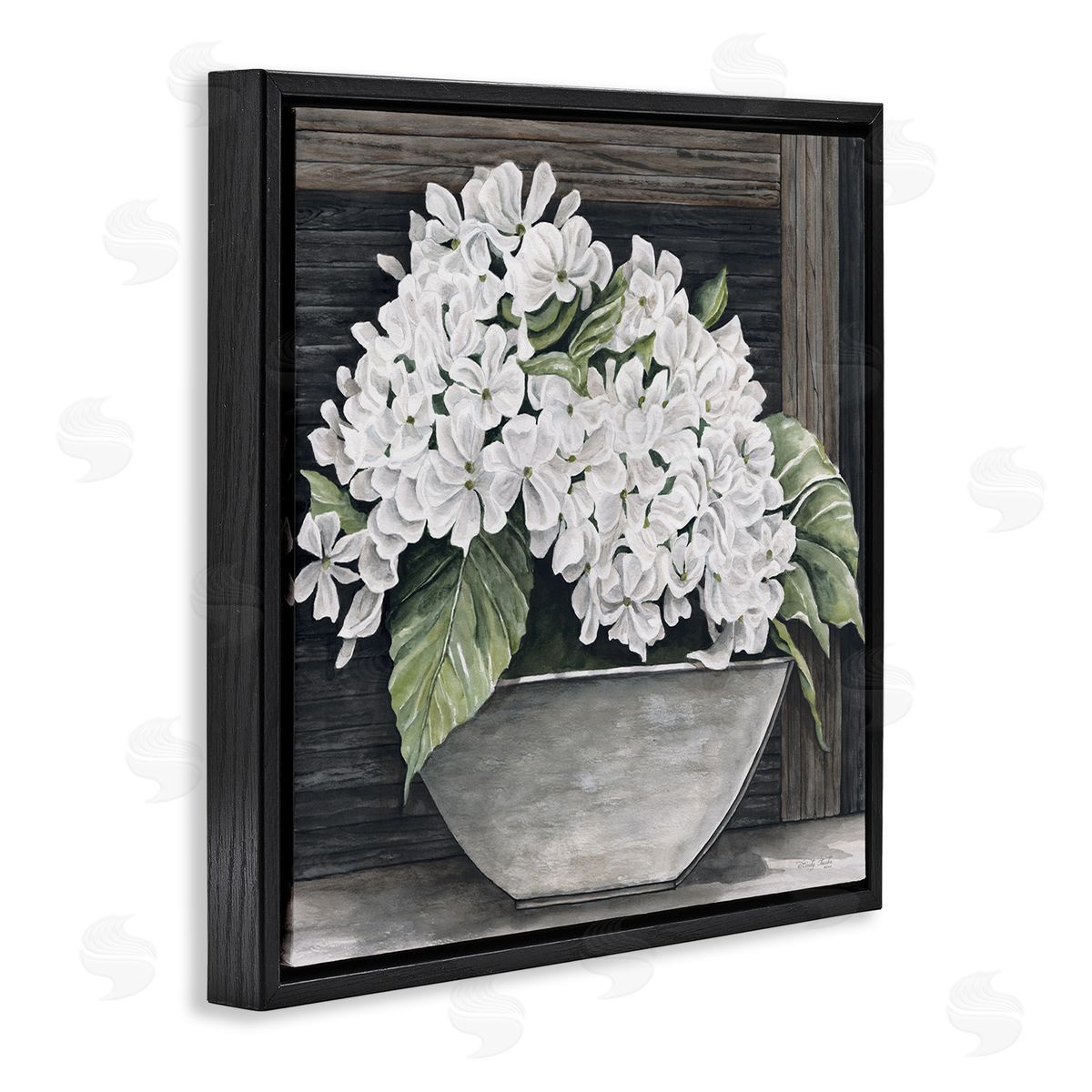 Cindy Jacobs White Geranium Flower Planter Rustic Country Scene Black Floating Frame Canvas Wall Art Print