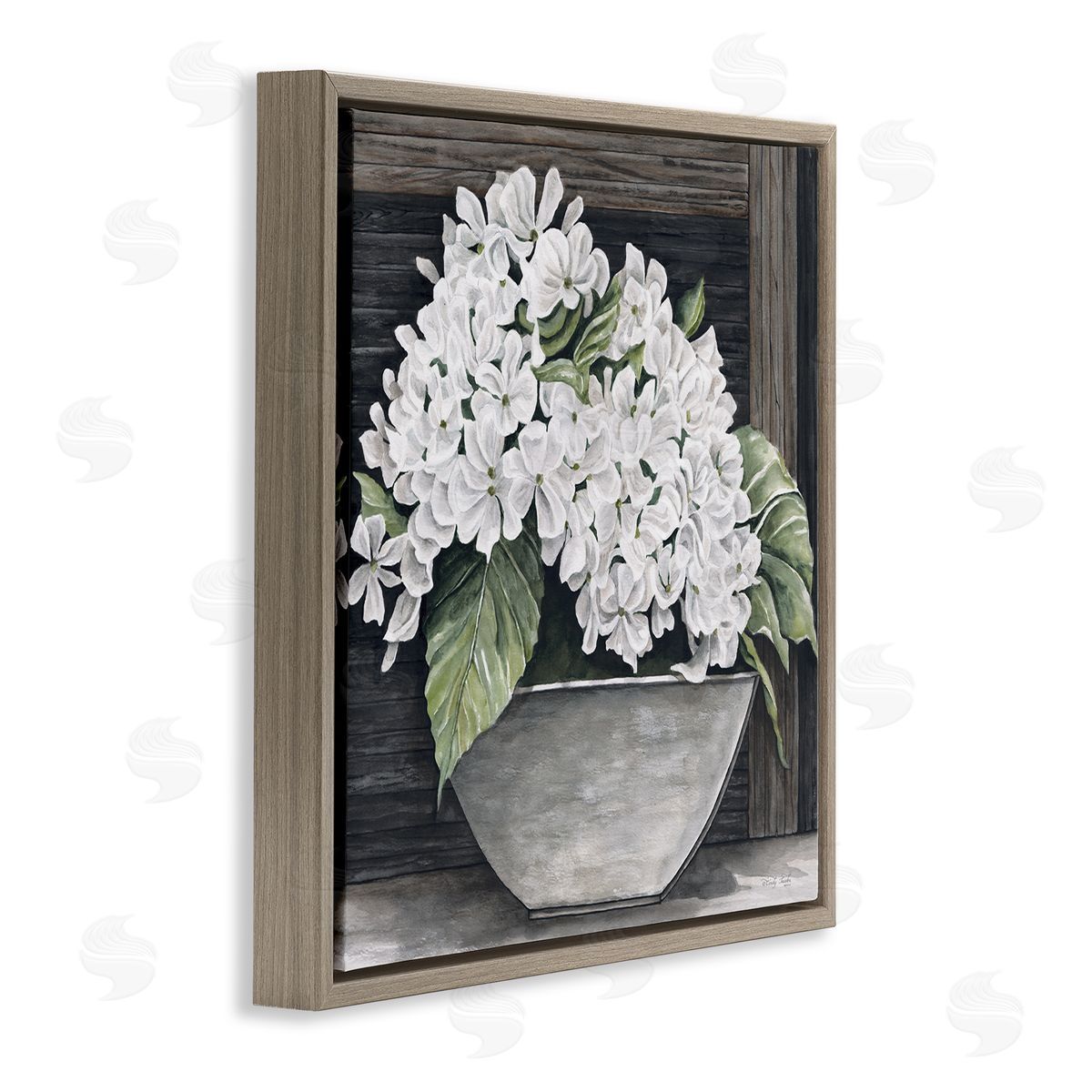 Cindy Jacobs White Geranium Flower Planter Rustic Country Scene Brown Floating Frame Canvas Wall Art Print
