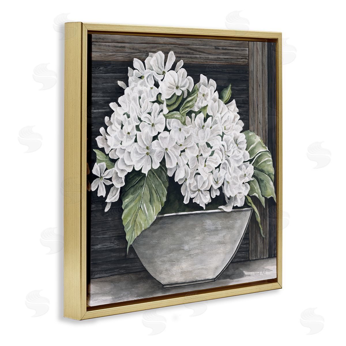 Cindy Jacobs White Geranium Flower Planter Rustic Country Scene Gold Floating Frame Canvas Wall Art Print
