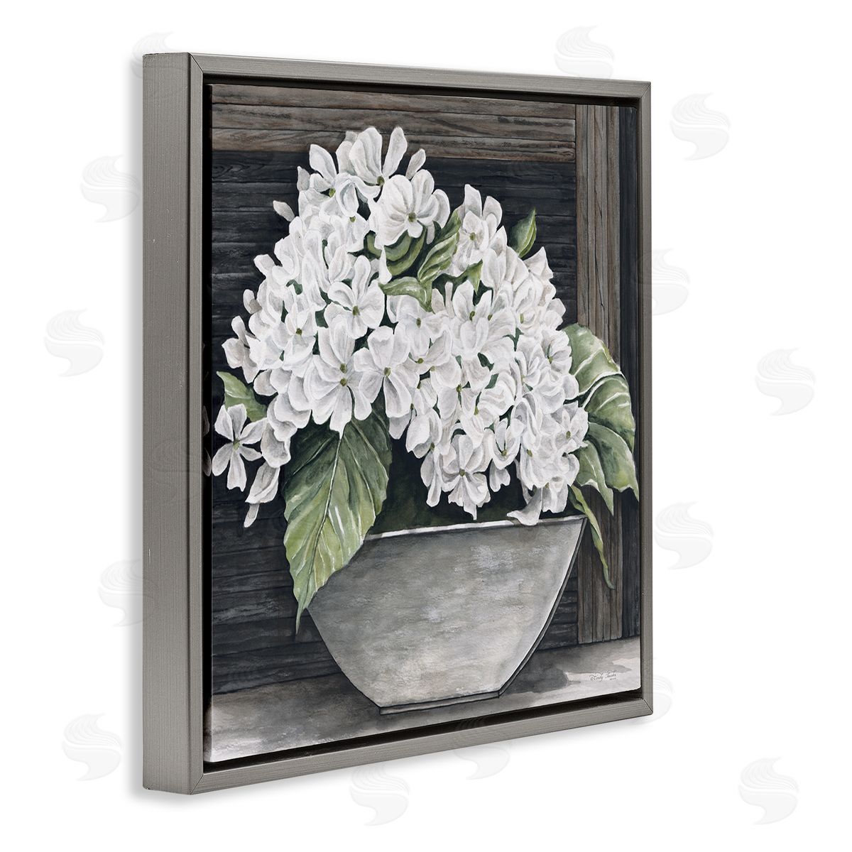 Cindy Jacobs White Geranium Flower Planter Rustic Country Scene Gray Floating Frame Canvas Wall Art Print
