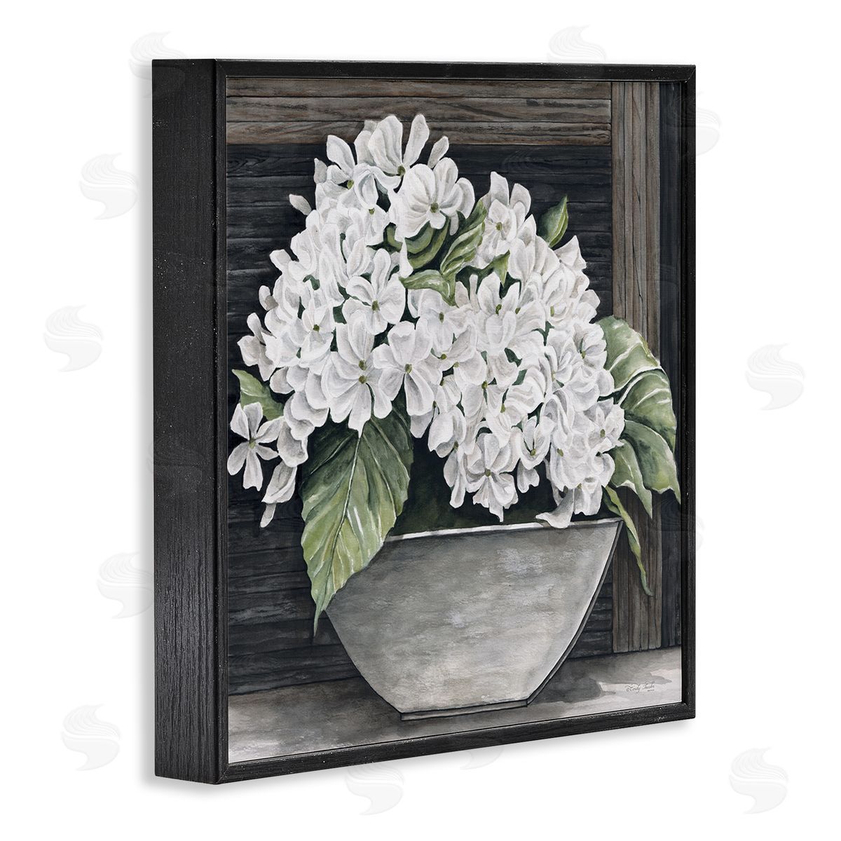 Cindy Jacobs White Geranium Flower Planter Rustic Country Scene Black Framed Glicee Wall Art Print