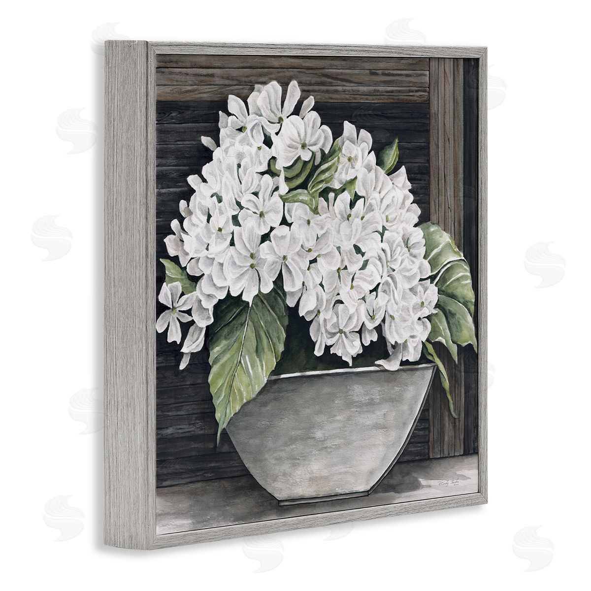 Cindy Jacobs White Geranium Flower Planter Rustic Country Scene Gray Framed Glicee Wall Art Print