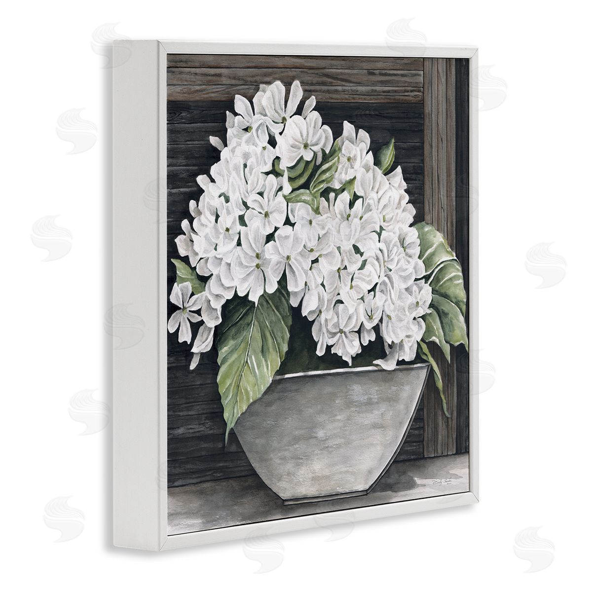 Cindy Jacobs White Geranium Flower Planter Rustic Country Scene White Framed Glicee Wall Art Print
