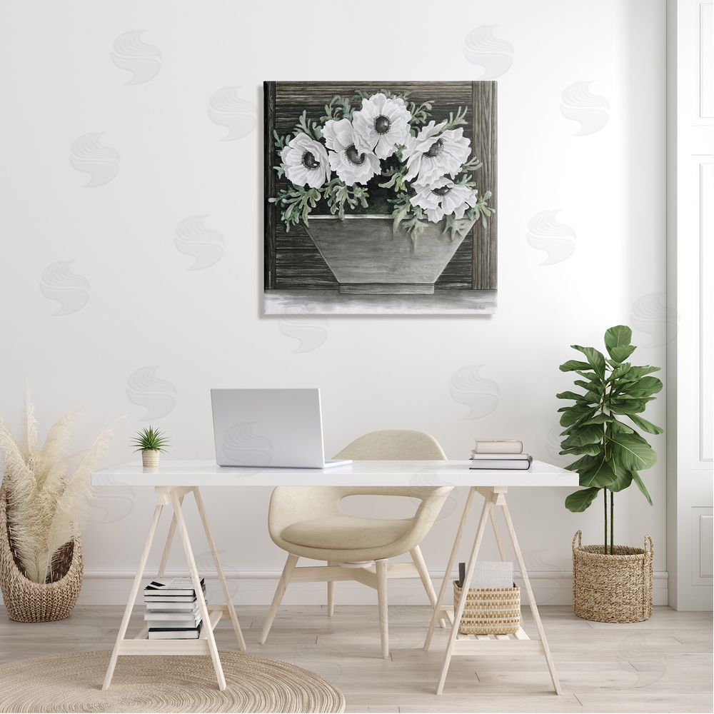 Cindy Jacobs Rustic White Anemone Flower Blossoms Overhanging Planter Canvas Wall Art in Room