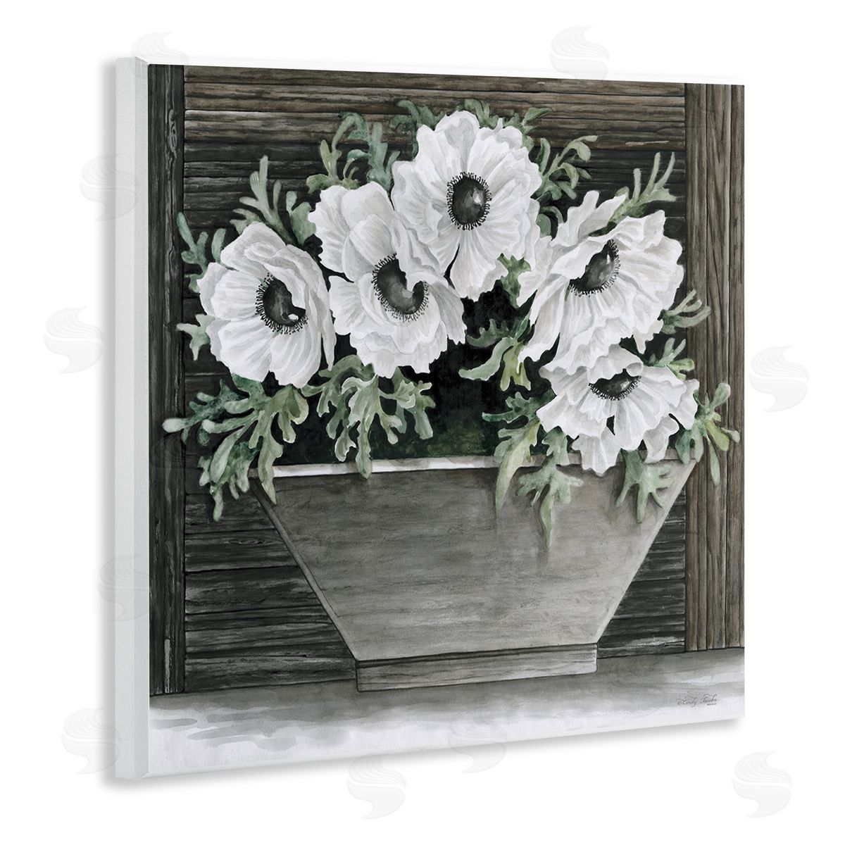 Cindy Jacobs Rustic White Anemone Flower Blossoms Overhanging Planter Wooden Wall Plaque Art Print