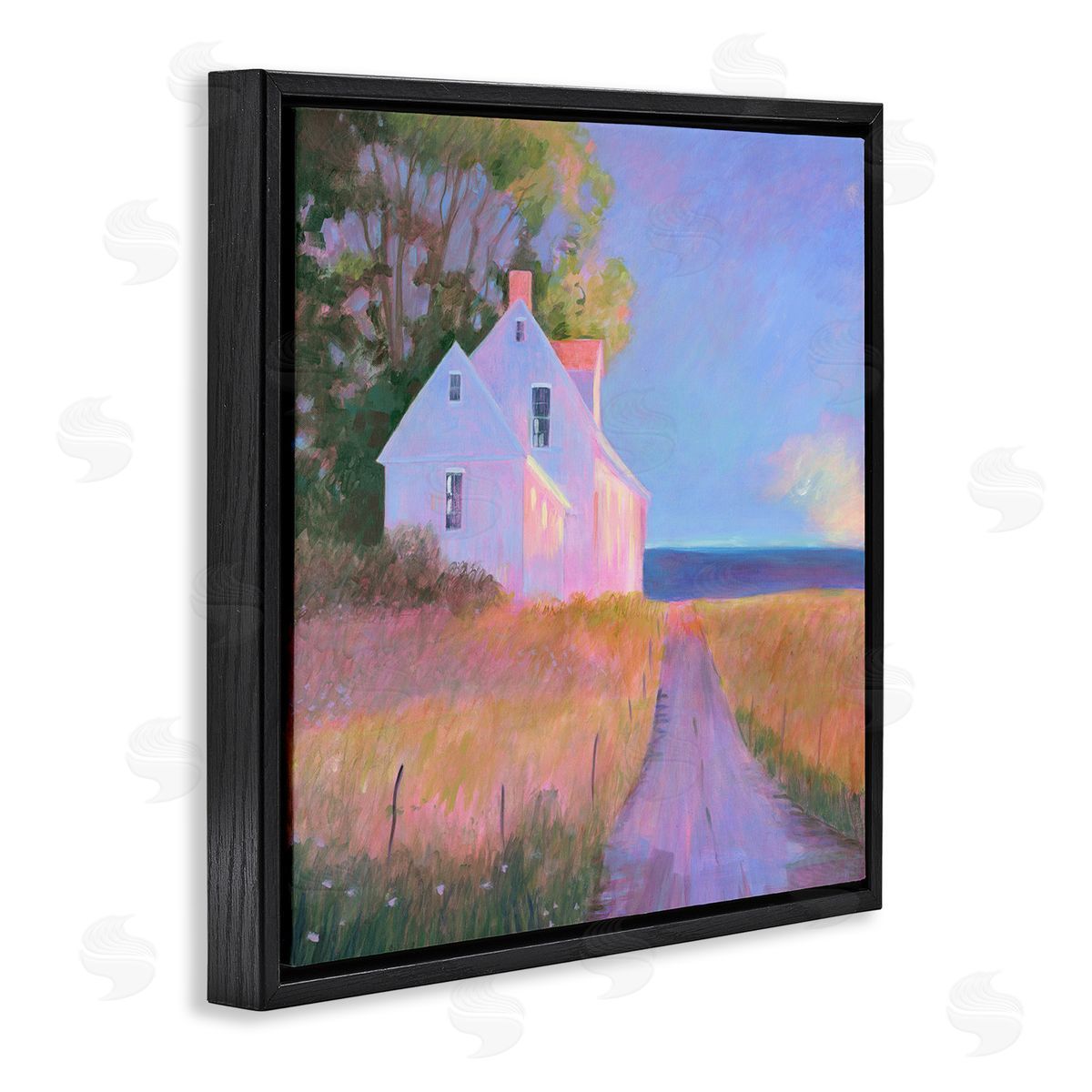 Sweetwater Warm Sunlit Rural Seaside Cottage Path Painting Black Floating Frame Canvas Wall Art Print