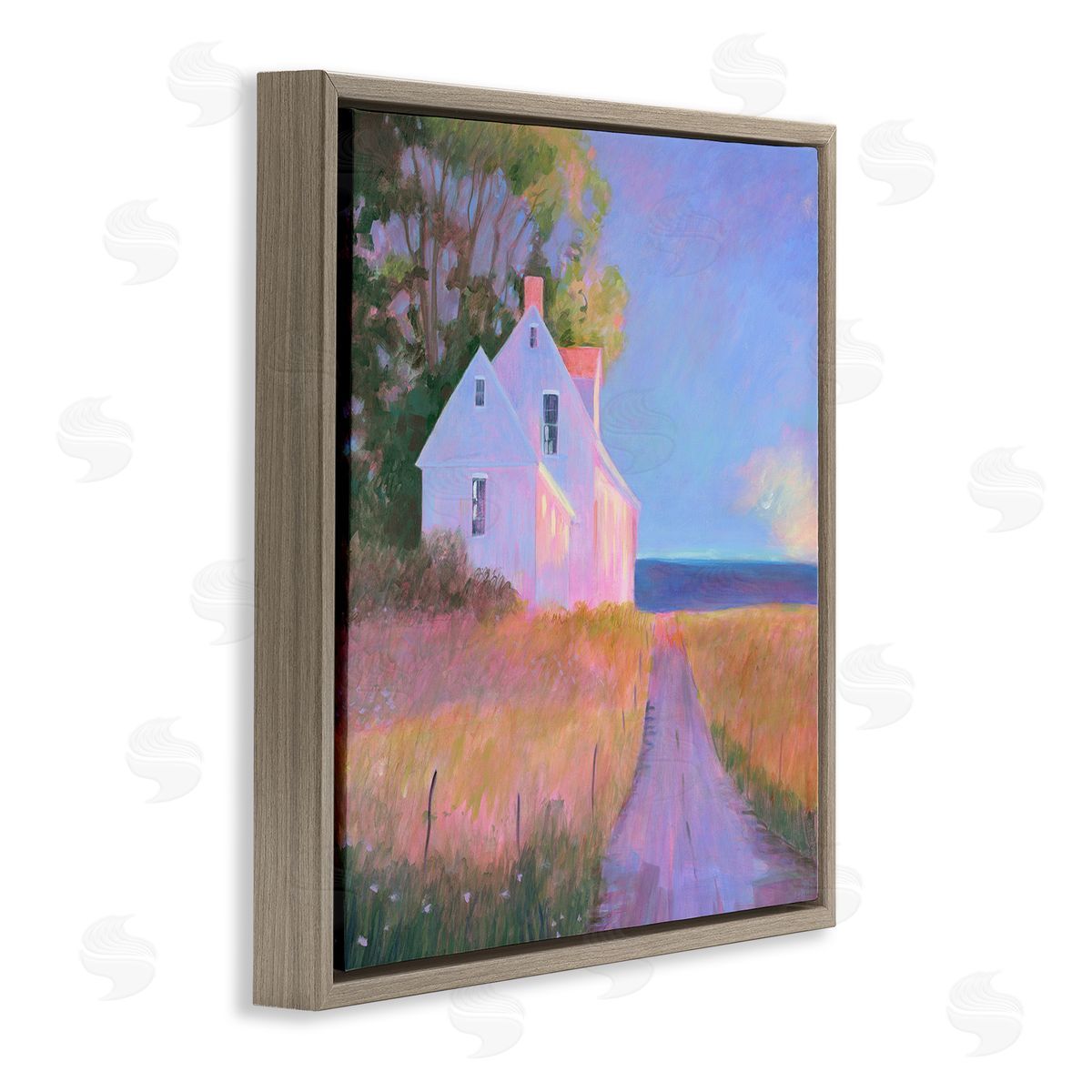 Sweetwater Warm Sunlit Rural Seaside Cottage Path Painting Brown Floating Frame Canvas Wall Art Print
