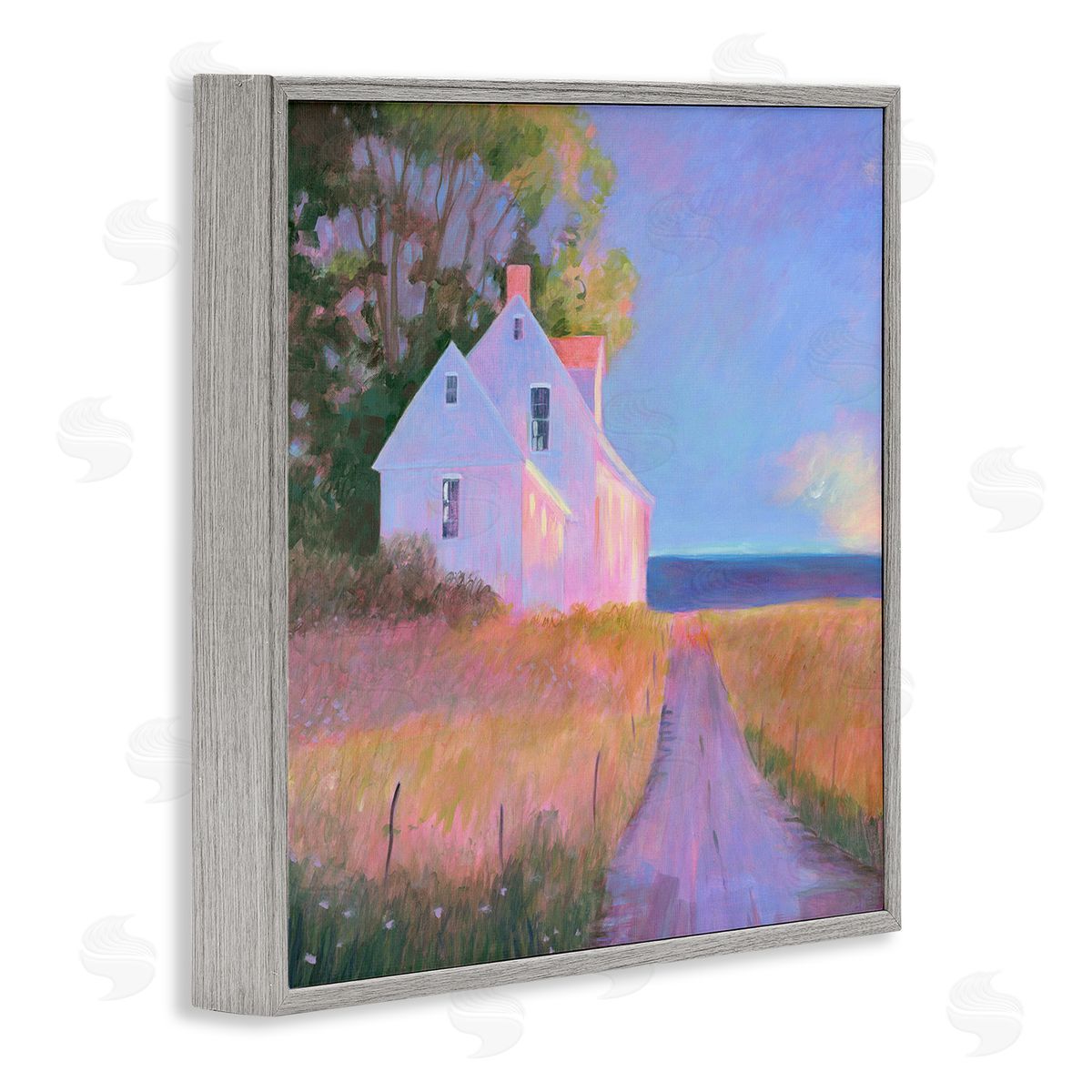 Sweetwater Warm Sunlit Rural Seaside Cottage Path Painting Gray Framed Glicee Wall Art Print