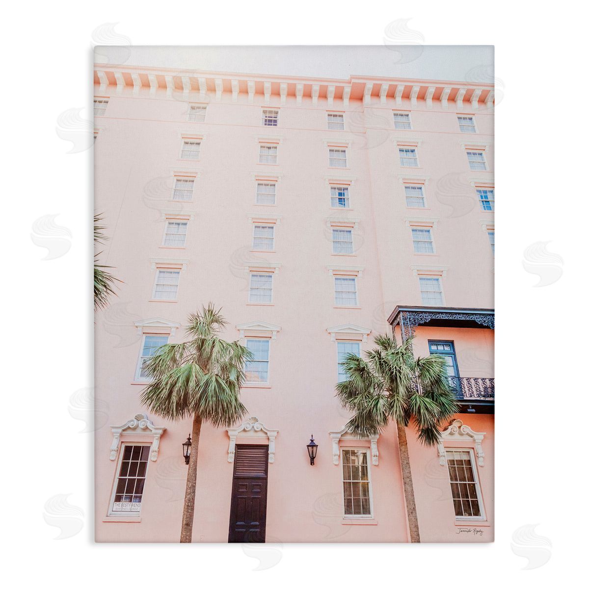 Jennifer Rigsby Tropical Pink Vacation Building Summer Palm Trees Stretched Canvas Wall Art Print