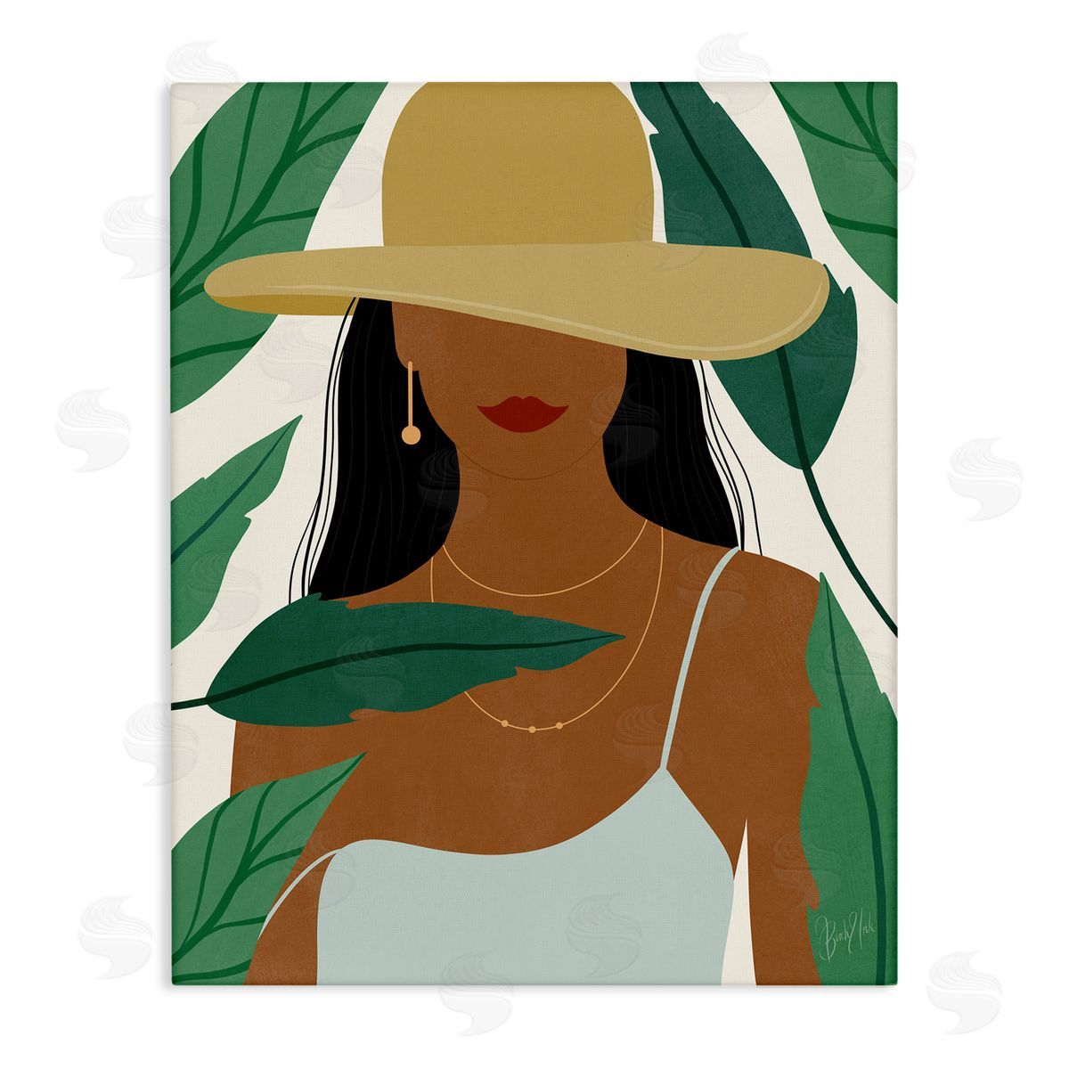 Birch & Ink Smiling Woman Wearing Sun Hat Drifting Leaves Stretched Canvas Wall Art Print
