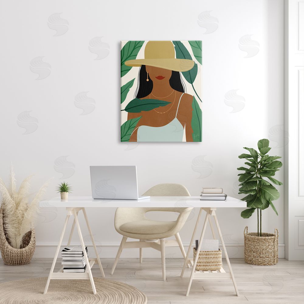 Birch & Ink Smiling Woman Wearing Sun Hat Drifting Leaves Canvas Wall Art Print in Room