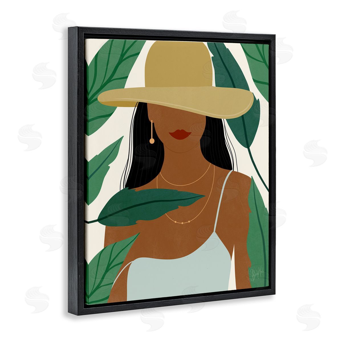 Birch & Ink Smiling Woman Wearing Sun Hat Drifting Leaves Black Floating Frame Canvas Wall Art Print