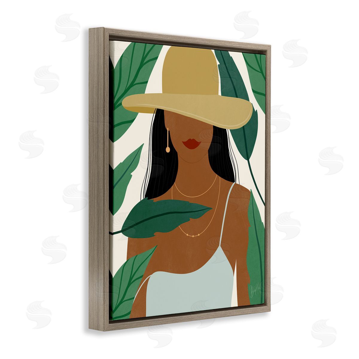 Birch & Ink Smiling Woman Wearing Sun Hat Drifting Leaves Brown Floating Frame Canvas Wall Art Print