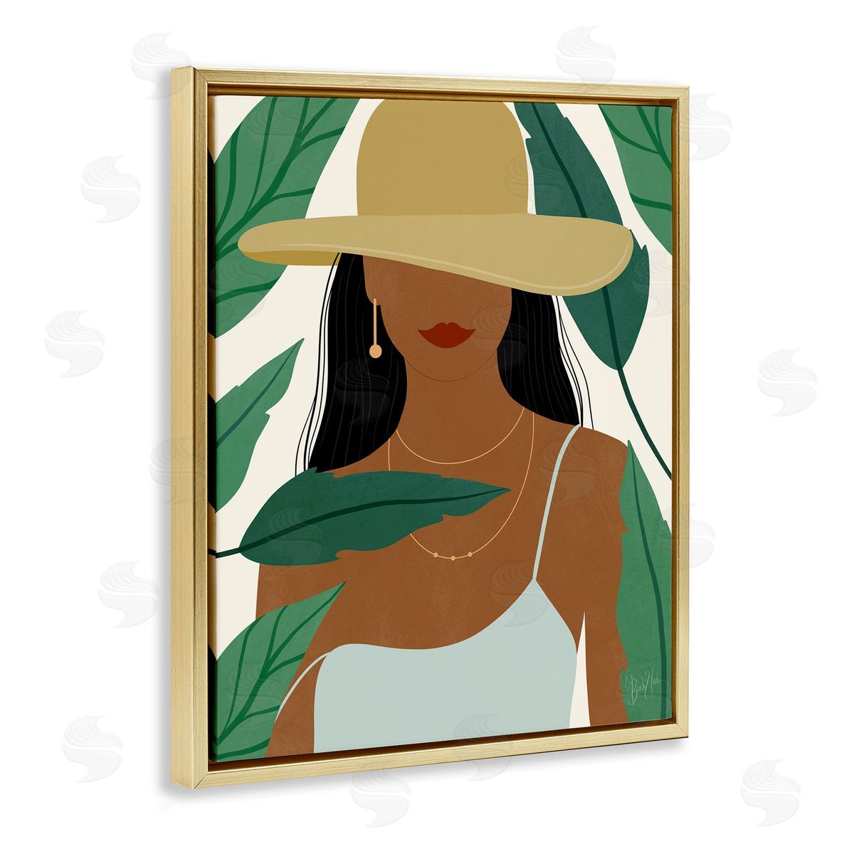 Birch & Ink Smiling Woman Wearing Sun Hat Drifting Leaves Gold Floating Frame Canvas Wall Art Print