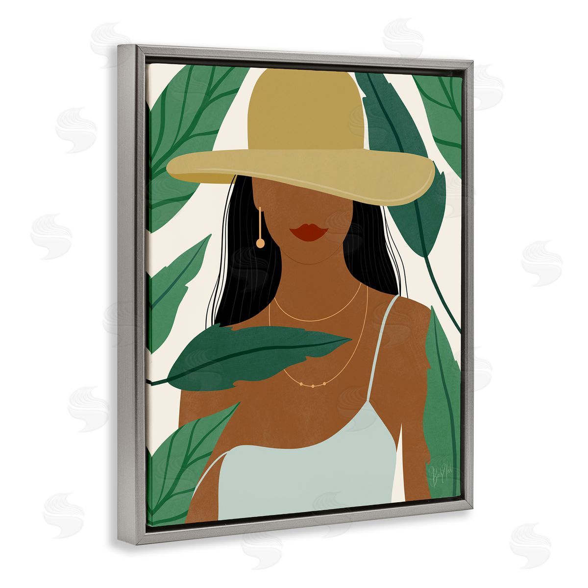 Birch & Ink Smiling Woman Wearing Sun Hat Drifting Leaves Gray Floating Frame Canvas Wall Art Print