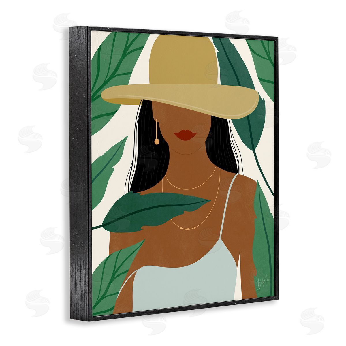 Birch & Ink Smiling Woman Wearing Sun Hat Drifting Leaves Black Framed Giclee Wall Art Print