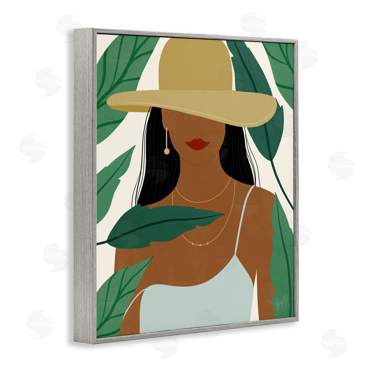 Birch & Ink Smiling Woman Wearing Sun Hat Drifting Leaves Gray Framed Giclee Wall Art Print