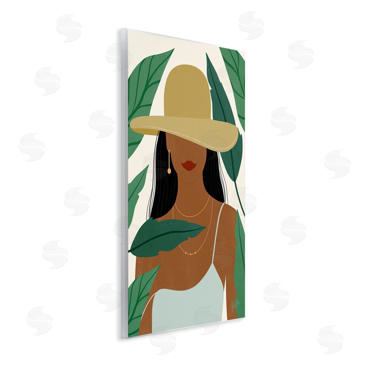 Birch & Ink Smiling Woman Wearing Sun Hat Drifting Leaves Wall Plaque Art Print