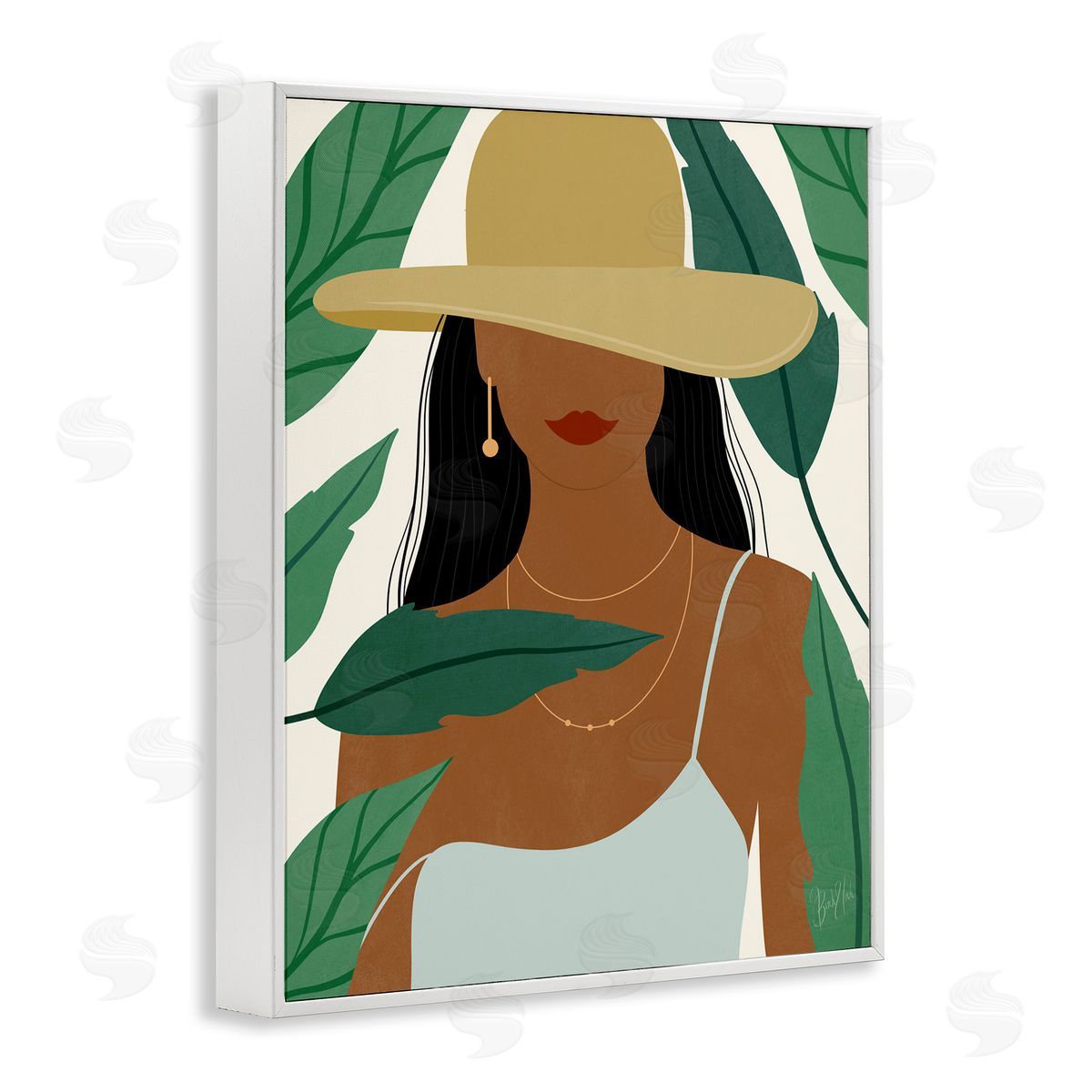 Birch & Ink Smiling Woman Wearing Sun Hat Drifting Leaves White Framed Giclee Wall Art Print