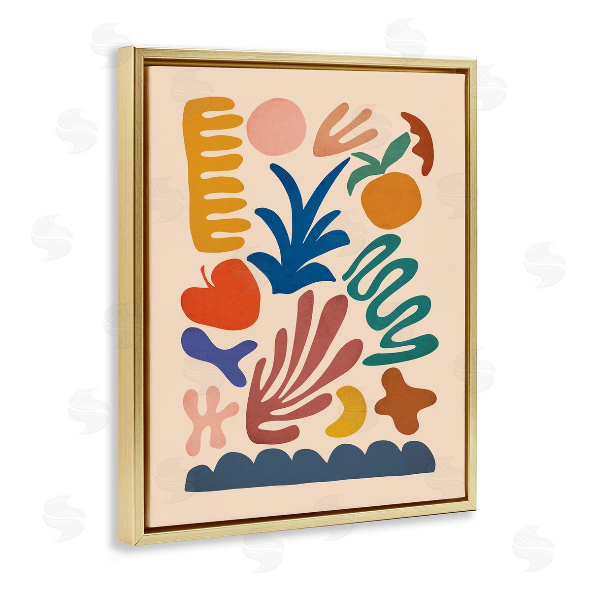 JJ House LLC Abstract Cutout Fruit Plant Shapes Geometric Botanicals Gold Floating Frame Canvas Wall Art Print