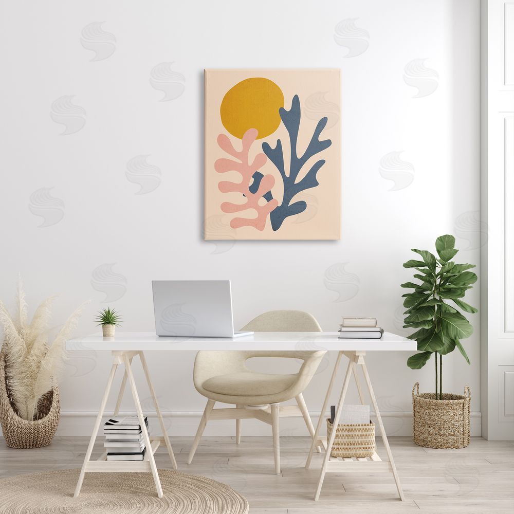 JJ House LLC Contemporary Pastel Leaf Forms Abstract Sun Shape Canvas Wall Art Print in Room