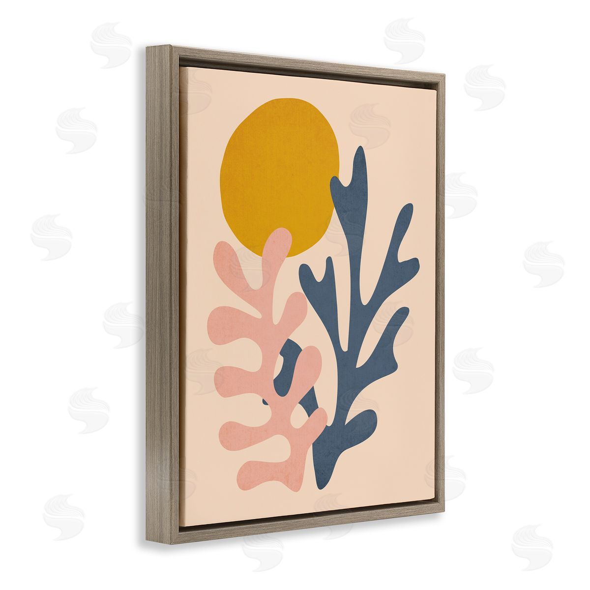 JJ House LLC Contemporary Pastel Leaf Forms Abstract Sun Shape Brown Floating Frame Canvas Wall Art Print