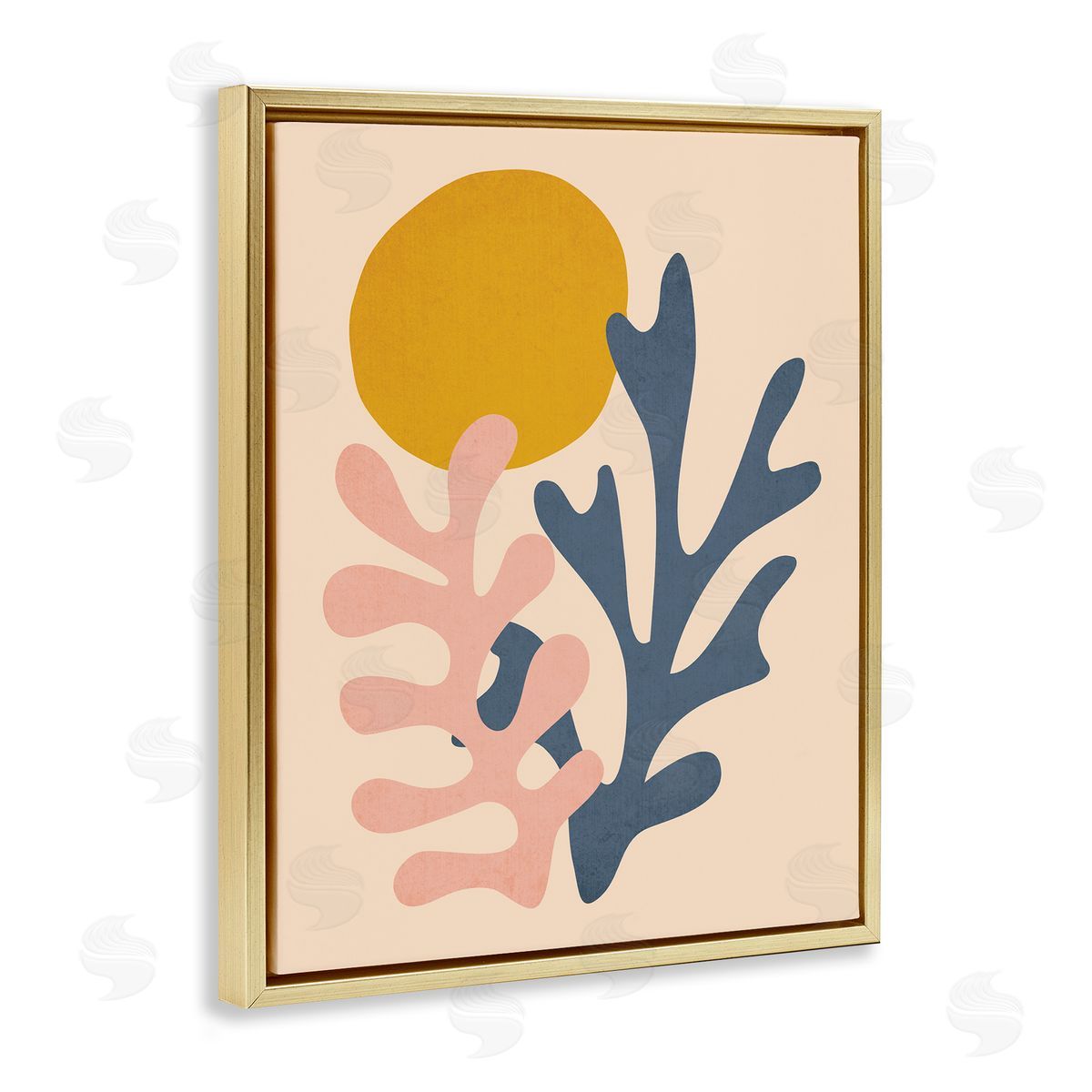 JJ House LLC Contemporary Pastel Leaf Forms Abstract Sun Shape Gold Floating Frame Canvas Wall Art Print