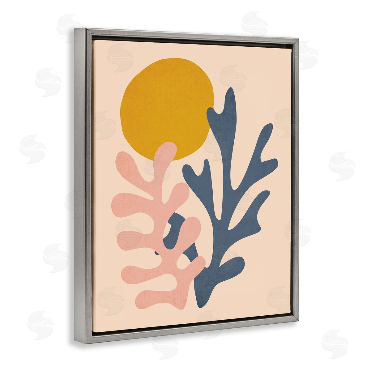 JJ House LLC Contemporary Pastel Leaf Forms Abstract Sun Shape Gray Floating Frame Canvas Wall Art Print