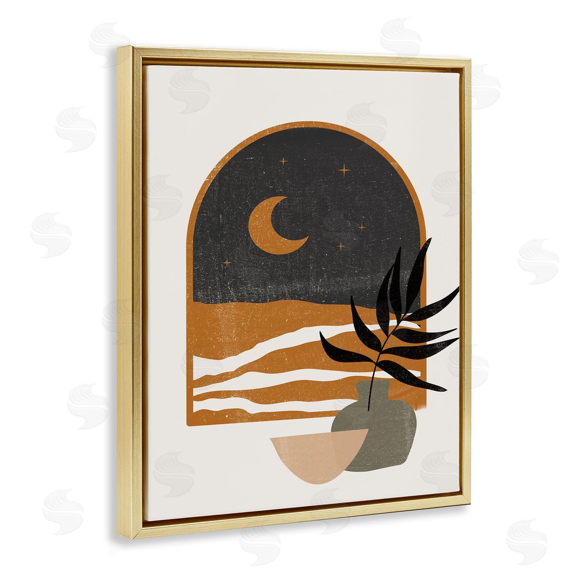 JJ House LLC Lovely Night Sky Desert Moon Scene Through Window Gold Floating Frame Canvas Wall Art Print