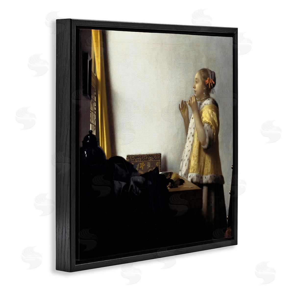 one1000paintings Young Woman with a Pearl Necklas Johannes Vermeer Painting Black Floating Frame Canvas Wall Art Print