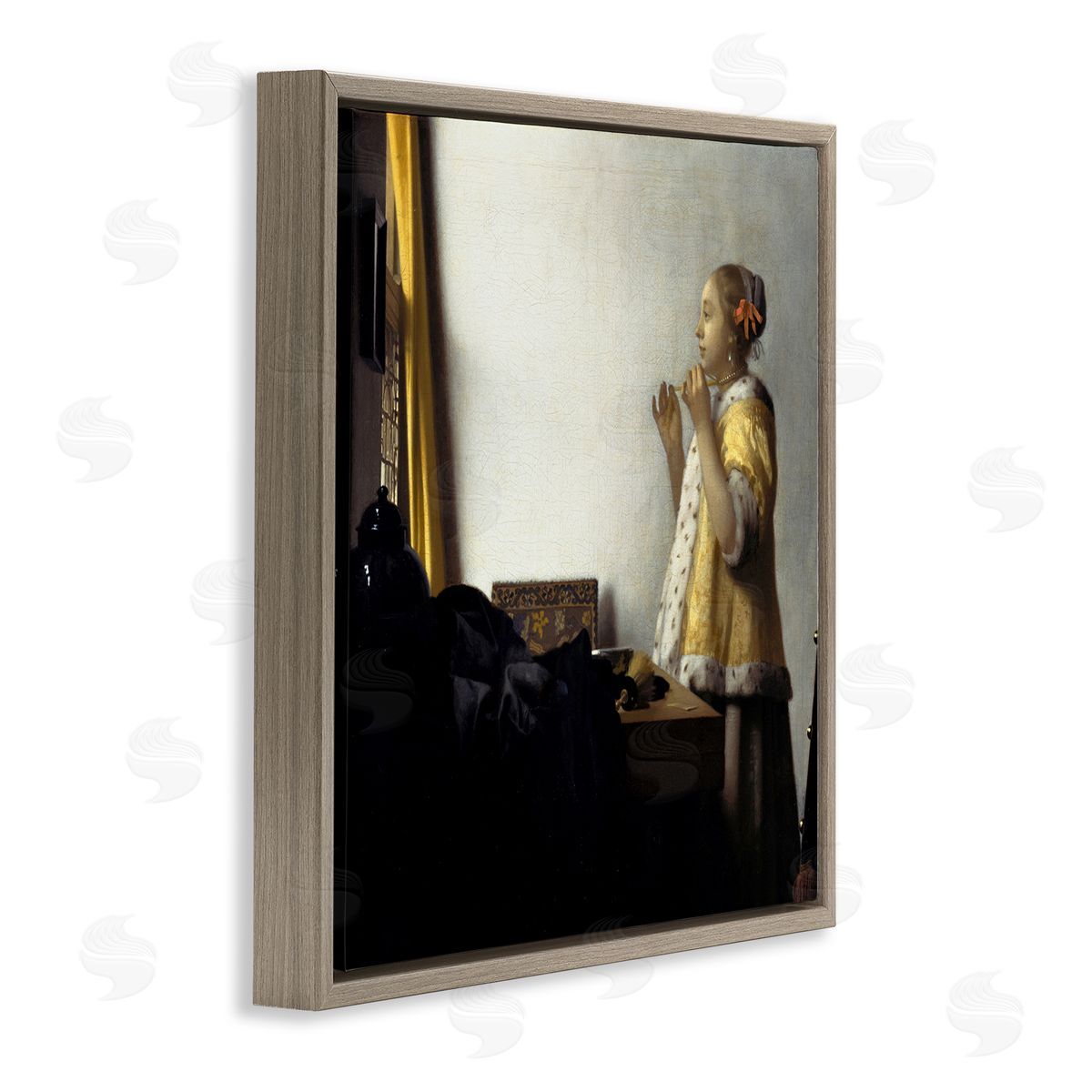 one1000paintings Young Woman with a Pearl Necklas Johannes Vermeer Painting Brown Floating Frame Canvas Wall Art Print