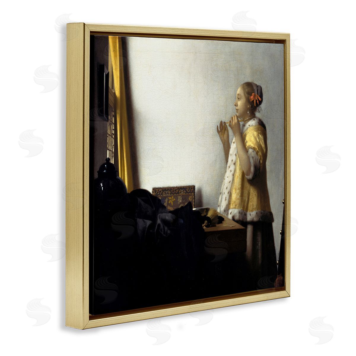 one1000paintings Young Woman with a Pearl Necklas Johannes Vermeer Painting Gold Floating Frame Canvas Wall Art Print