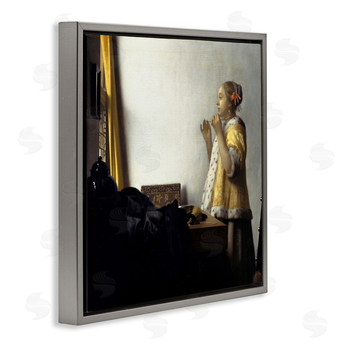 one1000paintings Young Woman with a Pearl Necklas Johannes Vermeer Painting Gray Floating Frame Canvas Wall Art Print