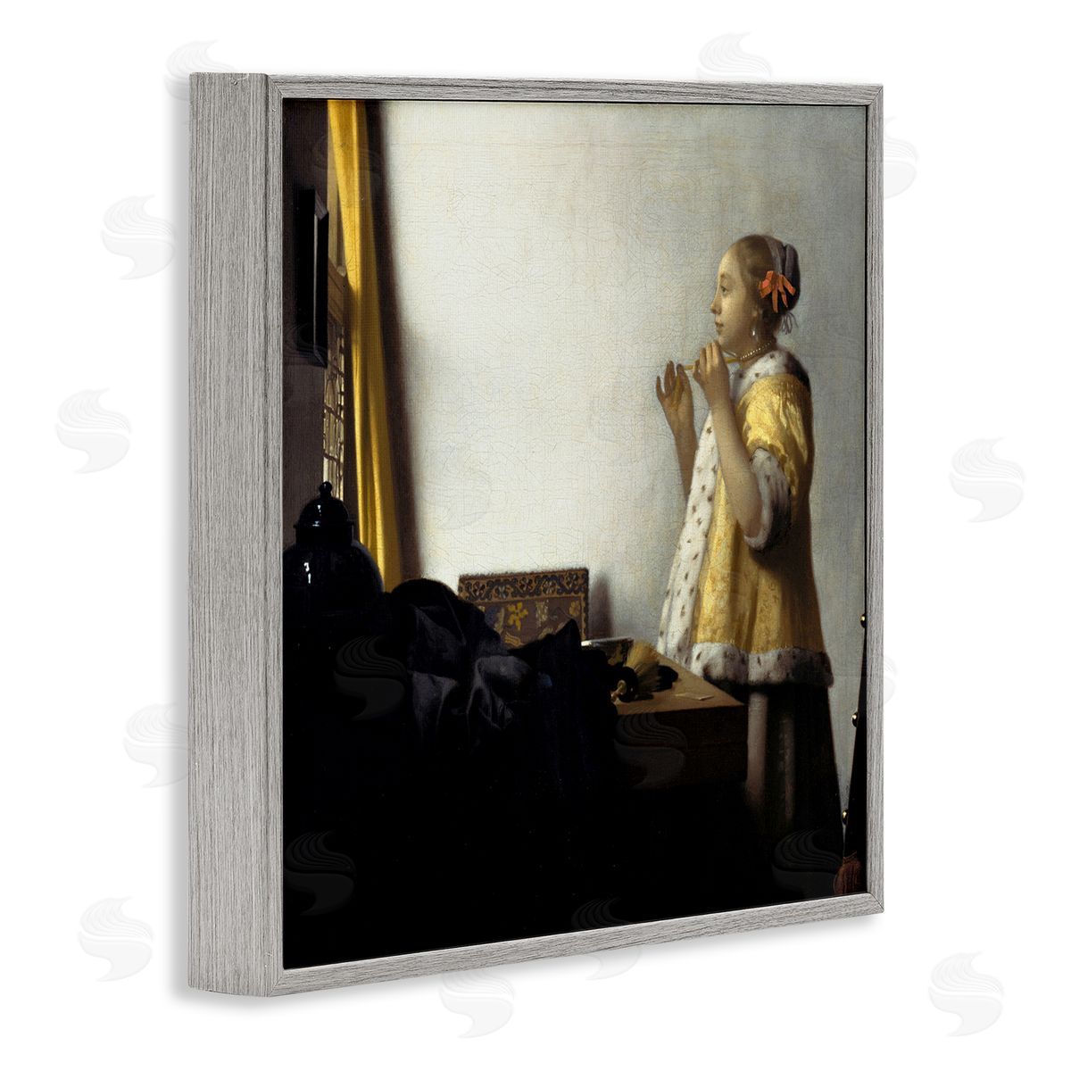 one1000paintings Young Woman with a Pearl Necklas Johannes Vermeer Painting Gray Framed Glicee Wall Art Print
