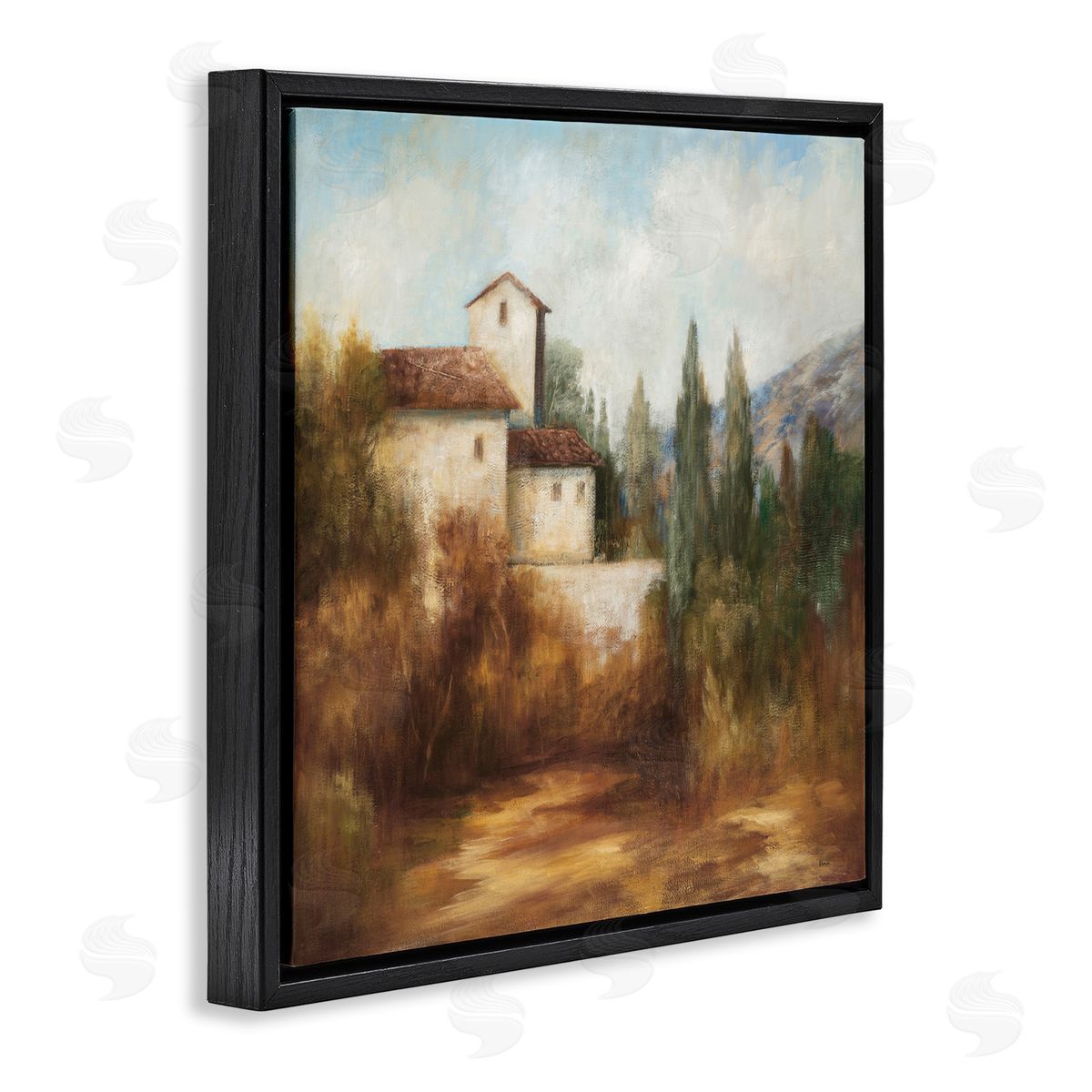 Theo Beck Countryside Estate Warm Autumn Field Villa Landscape Black Floating Frame Canvas Wall Art Print