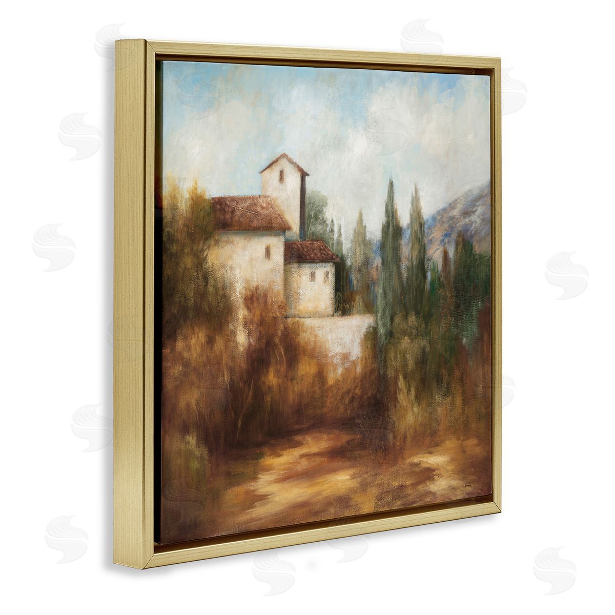 Theo Beck Countryside Estate Warm Autumn Field Villa Landscape Gold Floating Frame Canvas Wall Art Print