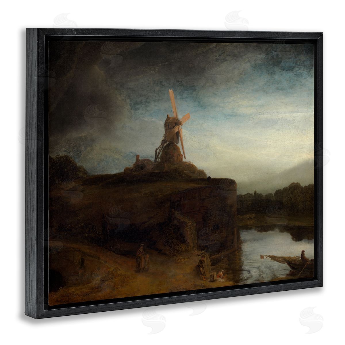 one1000paintings The Mill Rembrandt van Rijn Classical Landscape Painting Black Floating Frame Canvas Wall Art Print