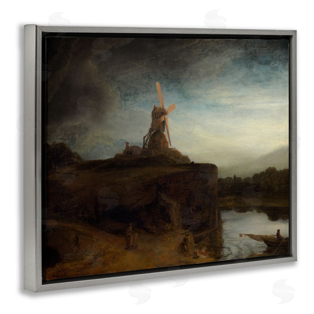 one1000paintings The Mill Rembrandt van Rijn Classical Landscape Painting Gray Floating Frame Canvas Wall Art Print