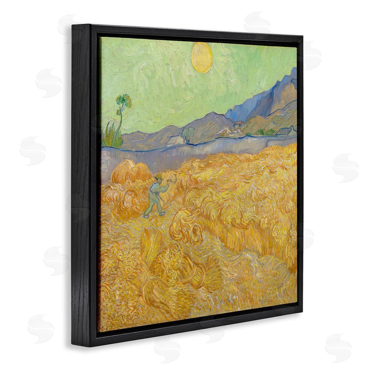 one1000paintings Wheatefield with a Reaper Vincent van Gogh Classic Painting Black Floating Frame Canvas Wall Art Print