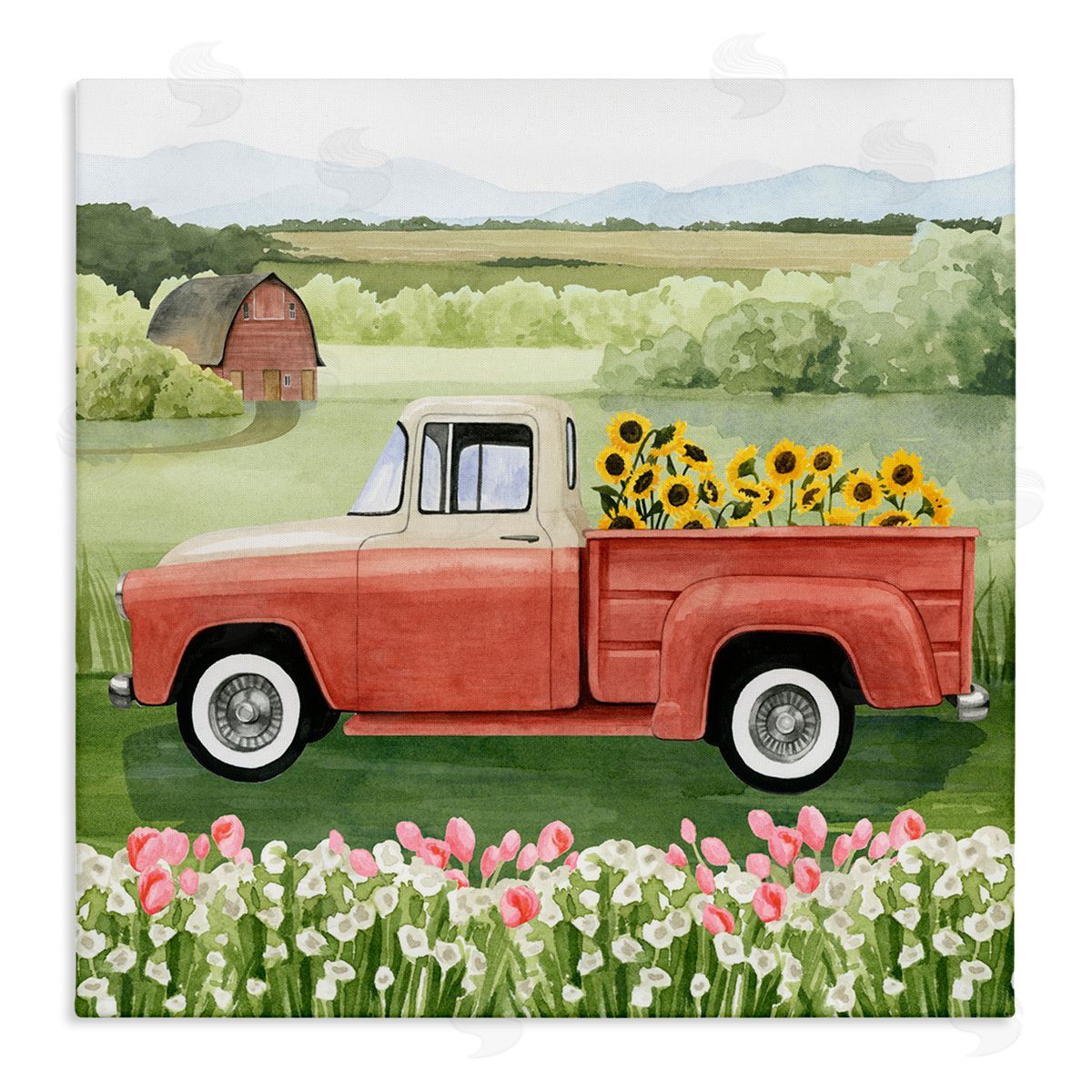 Grace Popp Country Farm Truck Sunflower Bunches Blooming Meadow Stretched Canvas Wall Art Print