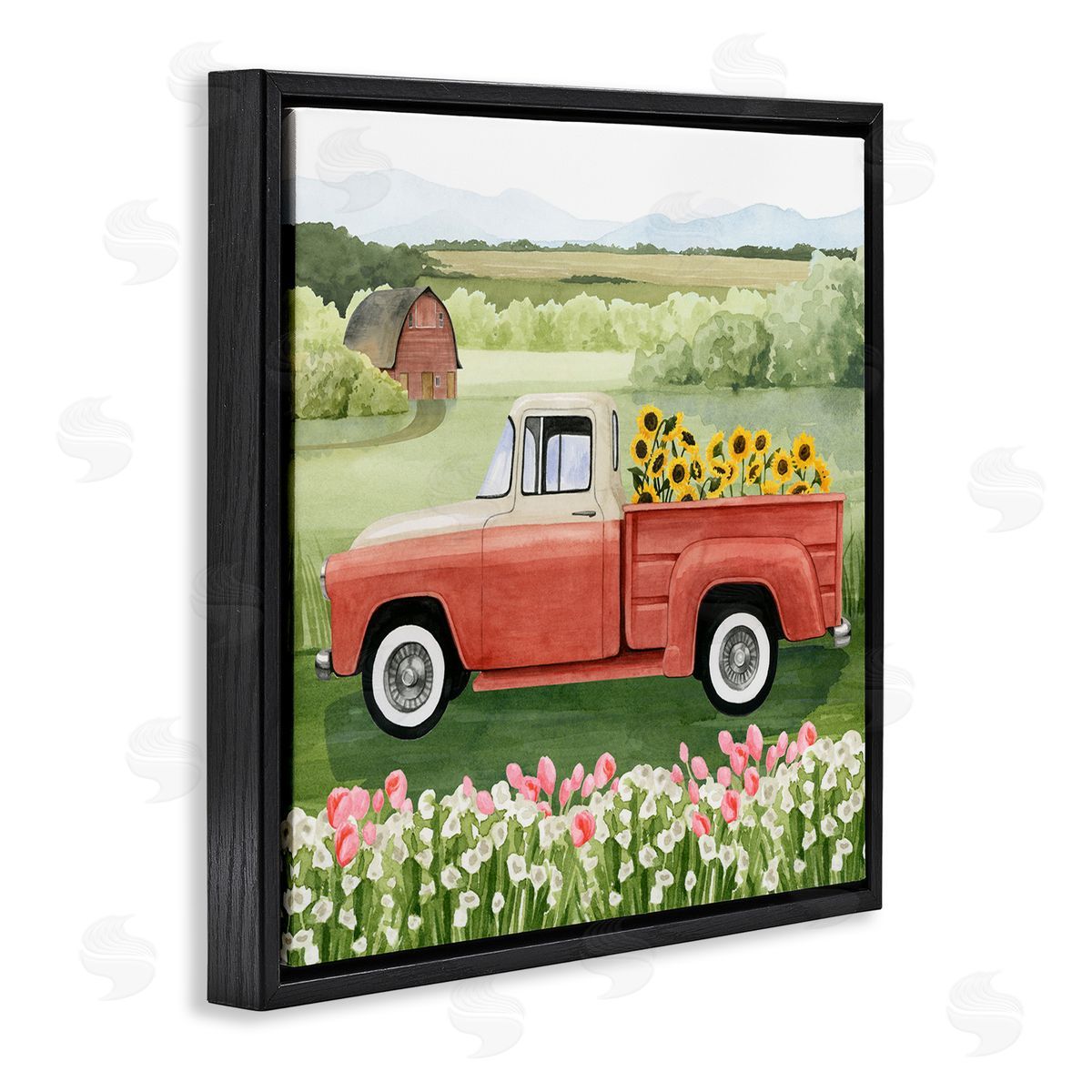 Grace Popp Country Farm Truck Sunflower Bunches Blooming Meadow Black Floating Frame Canvas Wall Art Print
