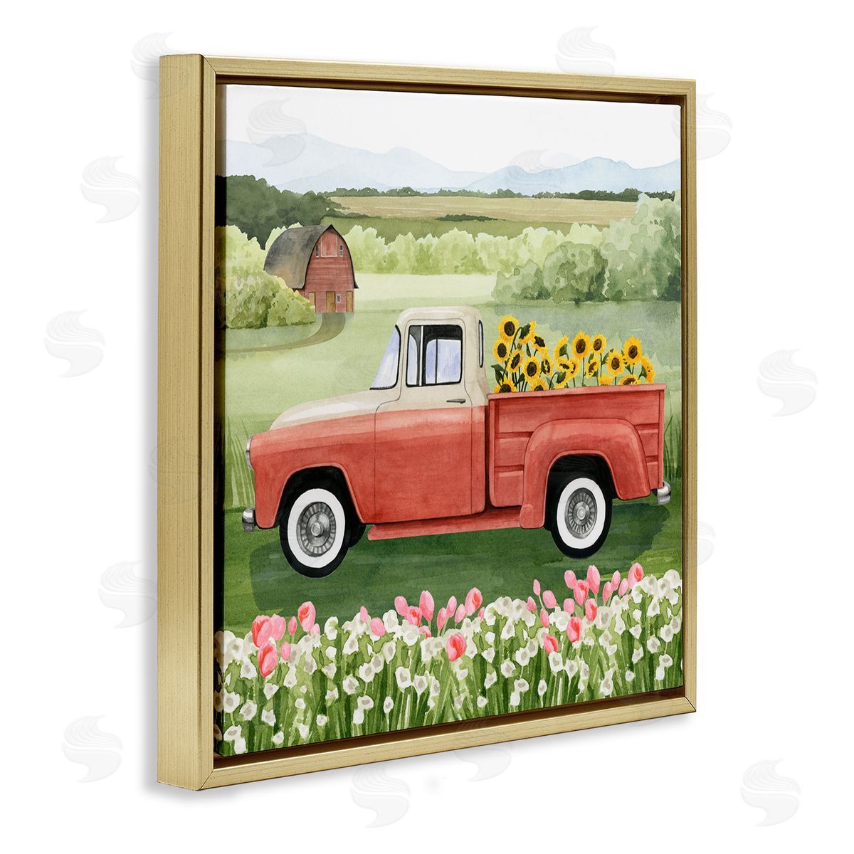 Grace Popp Country Farm Truck Sunflower Bunches Blooming Meadow Gold Floating Frame Canvas Wall Art Print