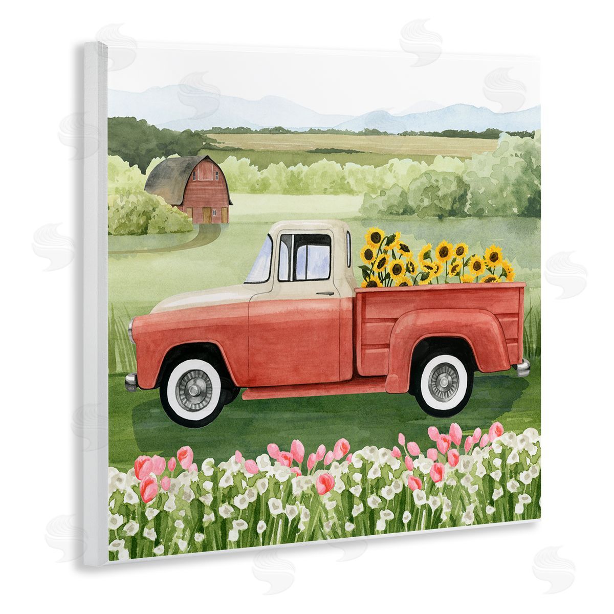 Grace Popp Country Farm Truck Sunflower Bunches Blooming Meadow Wooden Wall Plaque Art Print