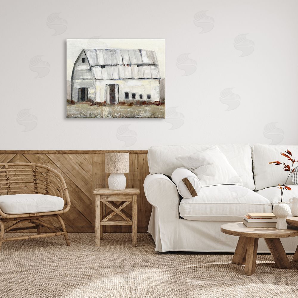 Sally Swatland Rustic White Barn Among Countryside Nature Grasses Canvas Wall Art Print in Room