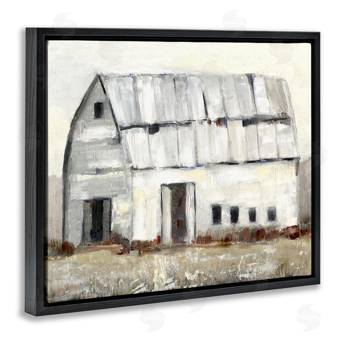 Sally Swatland Rustic White Barn Among Countryside Nature Grasses Black Floating Frame Canvas Wall Art Print