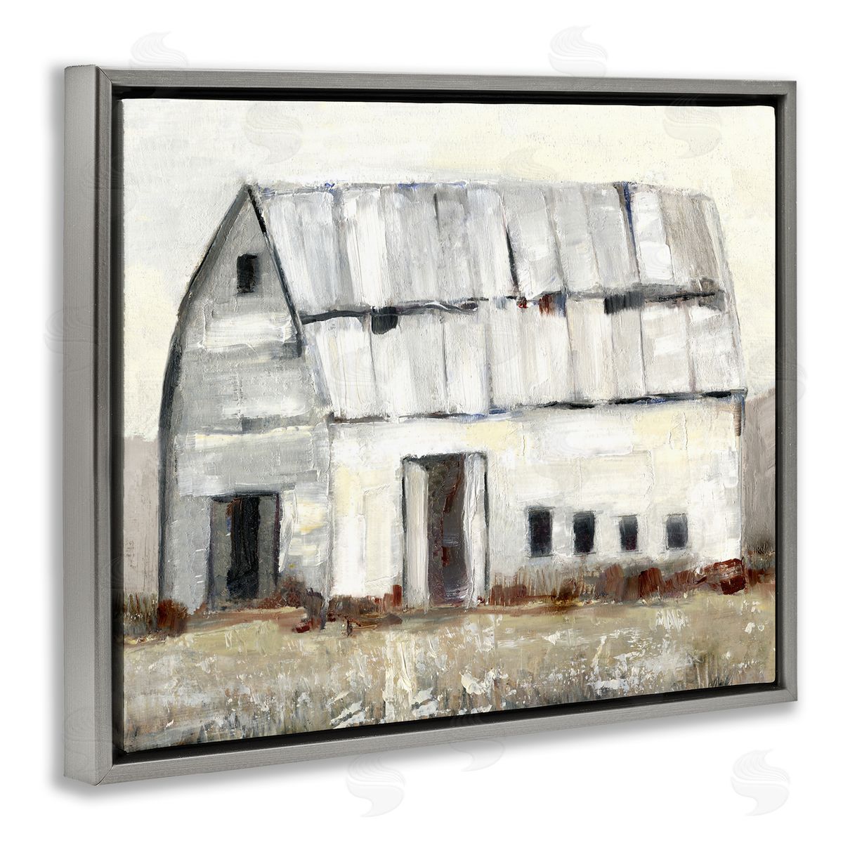 Sally Swatland Rustic White Barn Among Countryside Nature Grasses Gray Floating Frame Canvas Wall Art Print