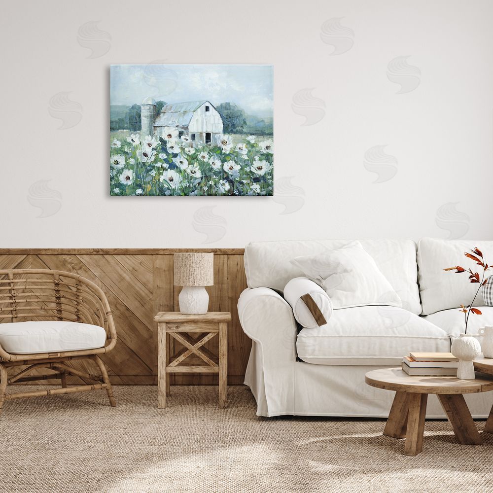 Sally Swatland Rural Anemone Flower Meadow White Farmland Barn Canvas Wall Art Print in Room