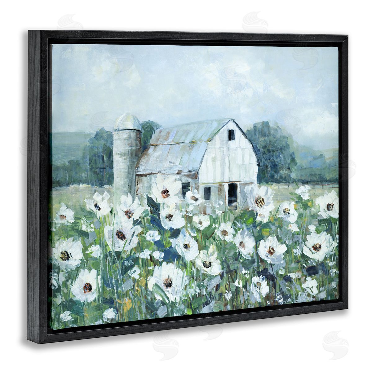 Sally Swatland Rural Anemone Flower Meadow White Farmland Barn Black Floating Frame Canvas Wall Art Print