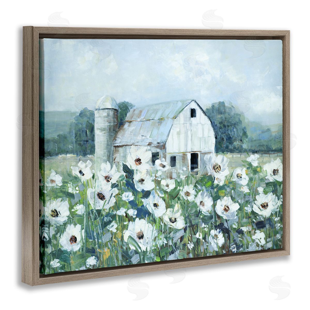 Sally Swatland Rural Anemone Flower Meadow White Farmland Barn Brown Floating Frame Canvas Wall Art Print